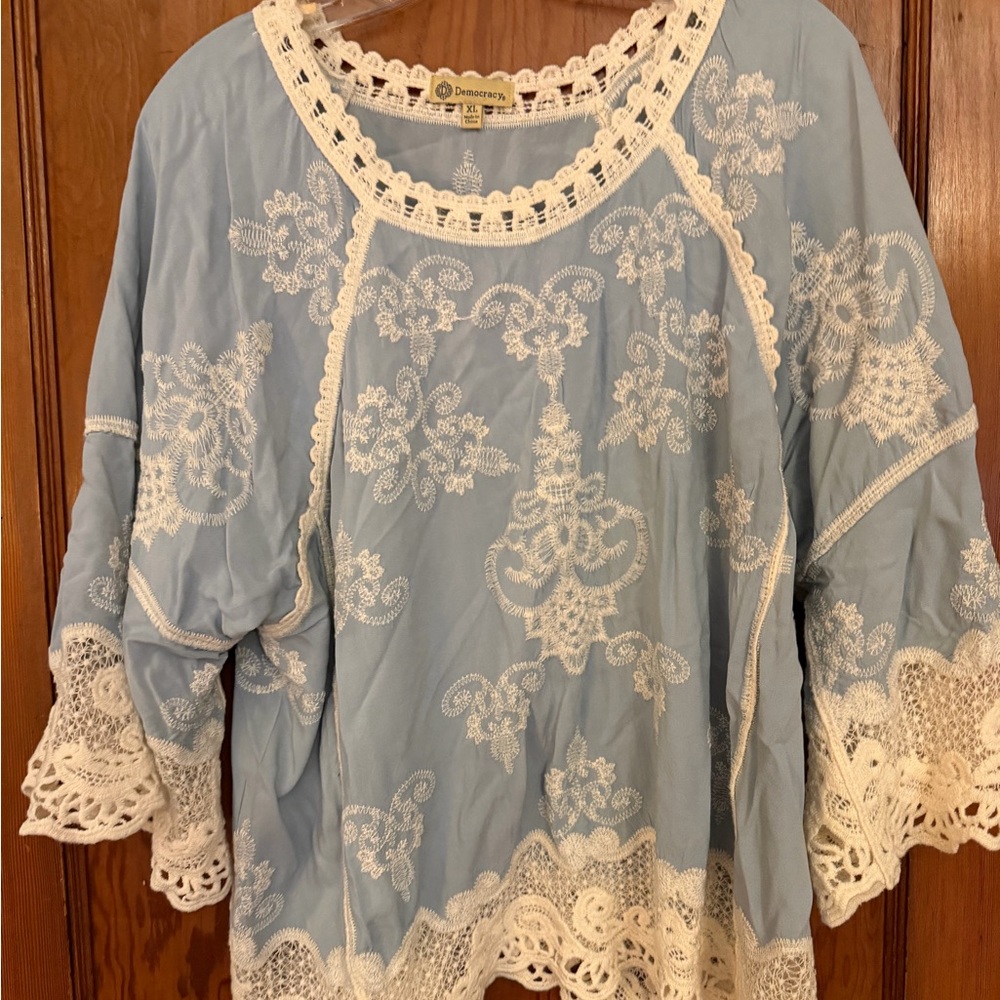 Democracy Light Blue Top with White Lace